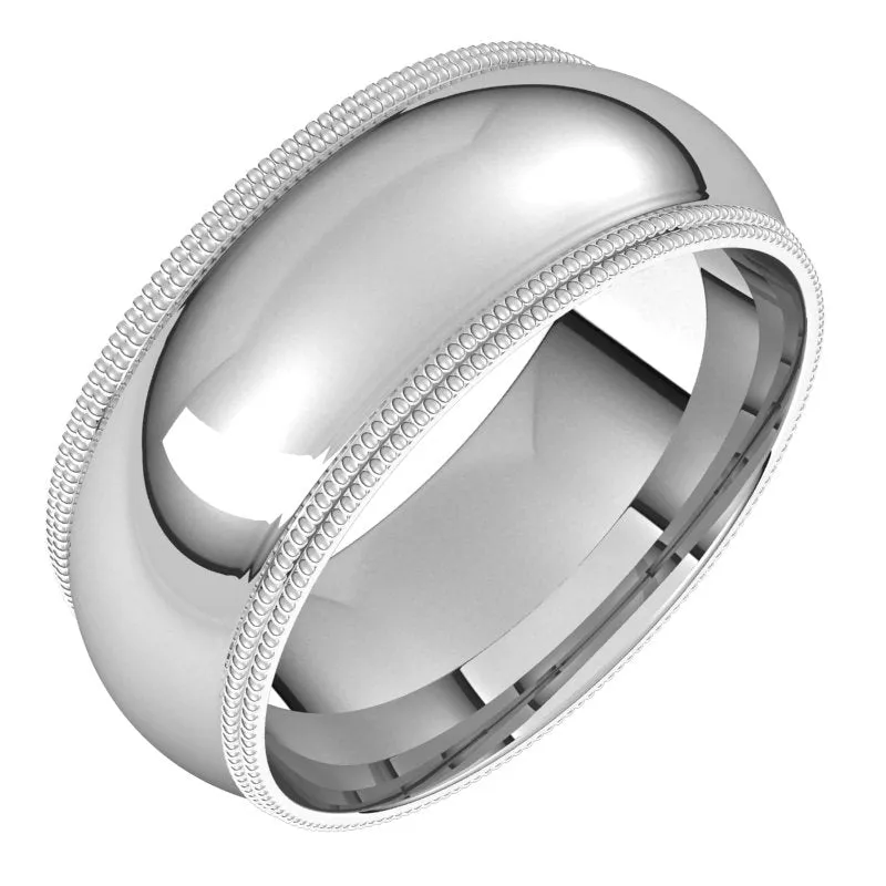 10K White Gold 8 mm double milgrain half round comfort fit Wedding Band
