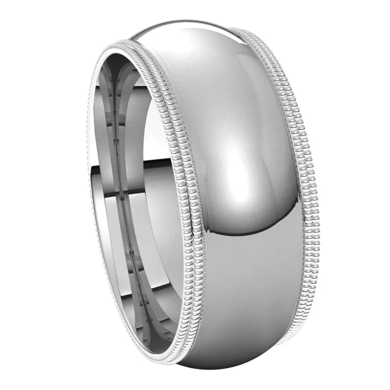 10K White Gold 8 mm double milgrain half round comfort fit Wedding Band