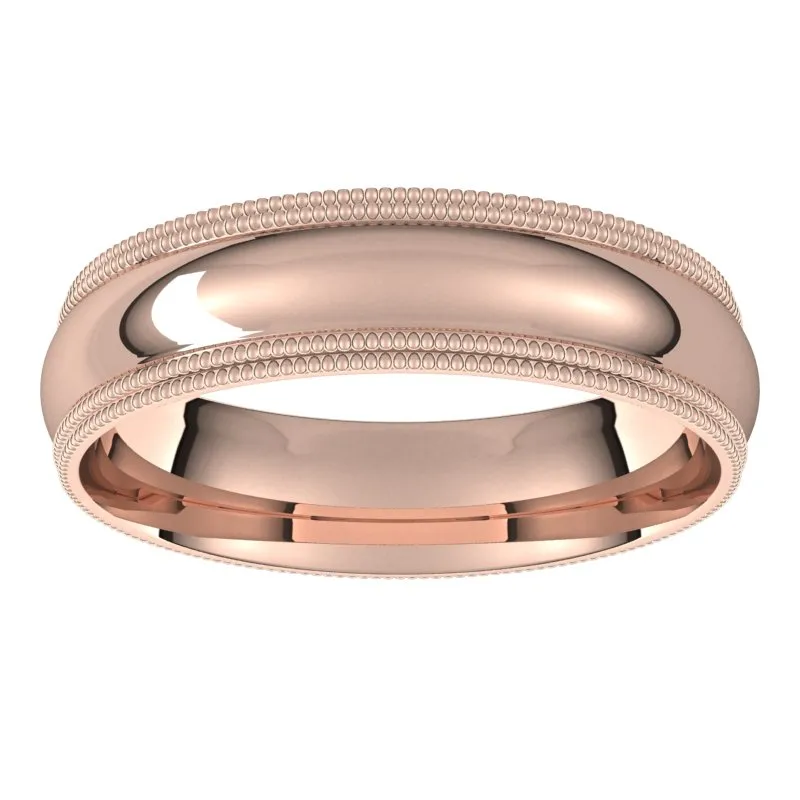 14K Rose Gold 5 mm double milgrain half round comfort fit Wedding Band