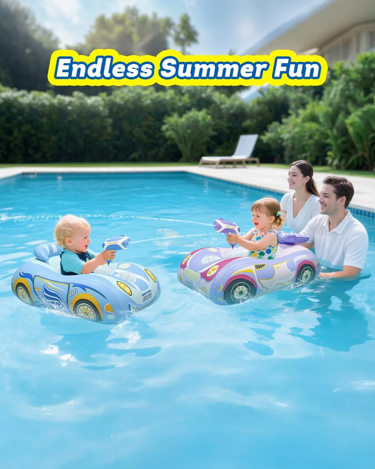 2 Pack Automatic Water Gun with Toddler Pool Float, Inflatable Car Baby Pool Swimming Float, Pool Toys for Girls Boys Kids (Blue   Purple)