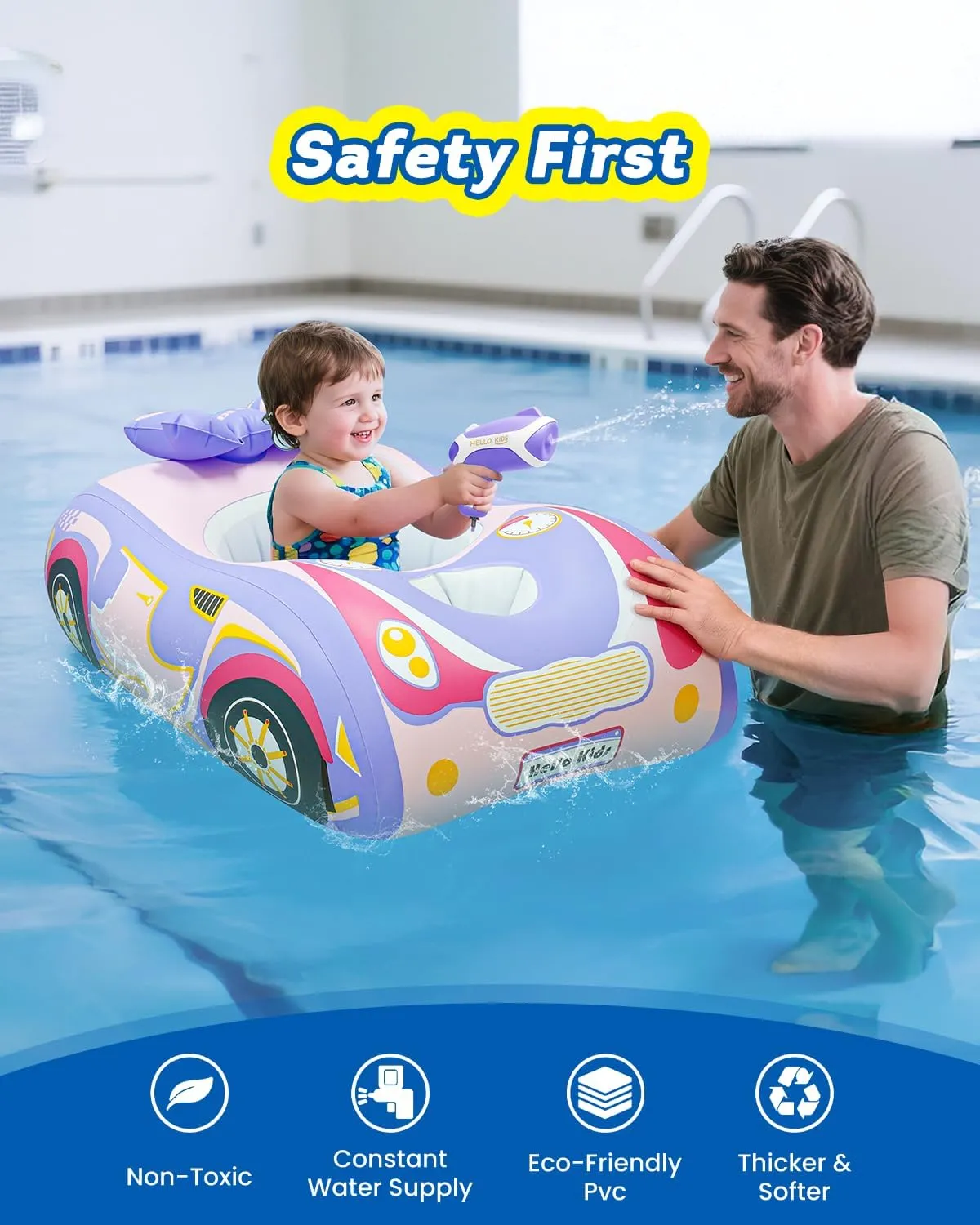 2 Pack Automatic Water Gun with Toddler Pool Float, Inflatable Car Baby Pool Swimming Float, Pool Toys for Girls Boys Kids (Blue   Purple)