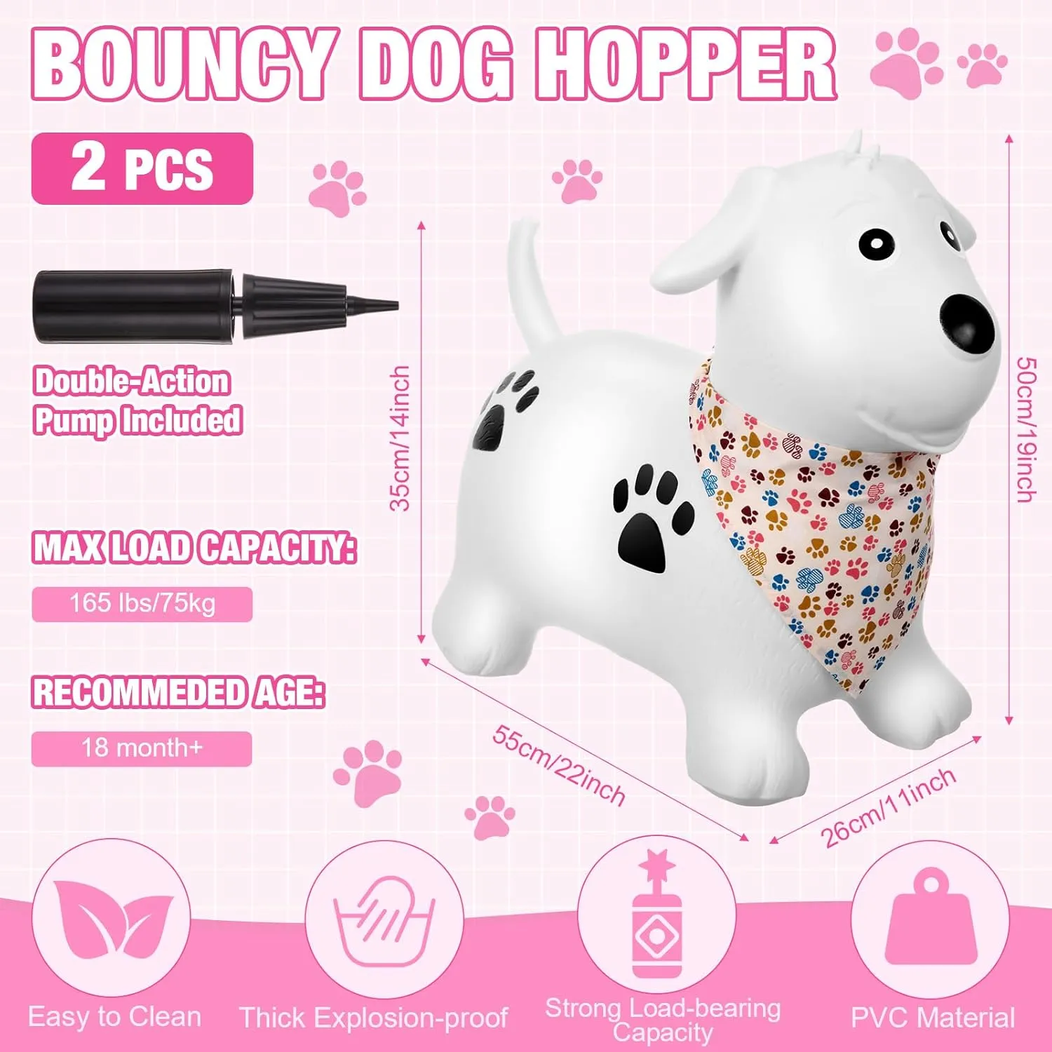 2 Pack Bouncy Animal Dog Hopper Inflatable Bouncing Horse Hopper Toys Jumping Ride on Hopping Bounce with Pump Rubber Bouncing Animal Gift for Boys Girls(White, Pink,Classic Style)