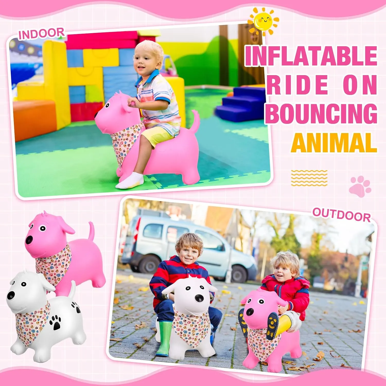 2 Pack Bouncy Animal Dog Hopper Inflatable Bouncing Horse Hopper Toys Jumping Ride on Hopping Bounce with Pump Rubber Bouncing Animal Gift for Boys Girls(White, Pink,Classic Style)