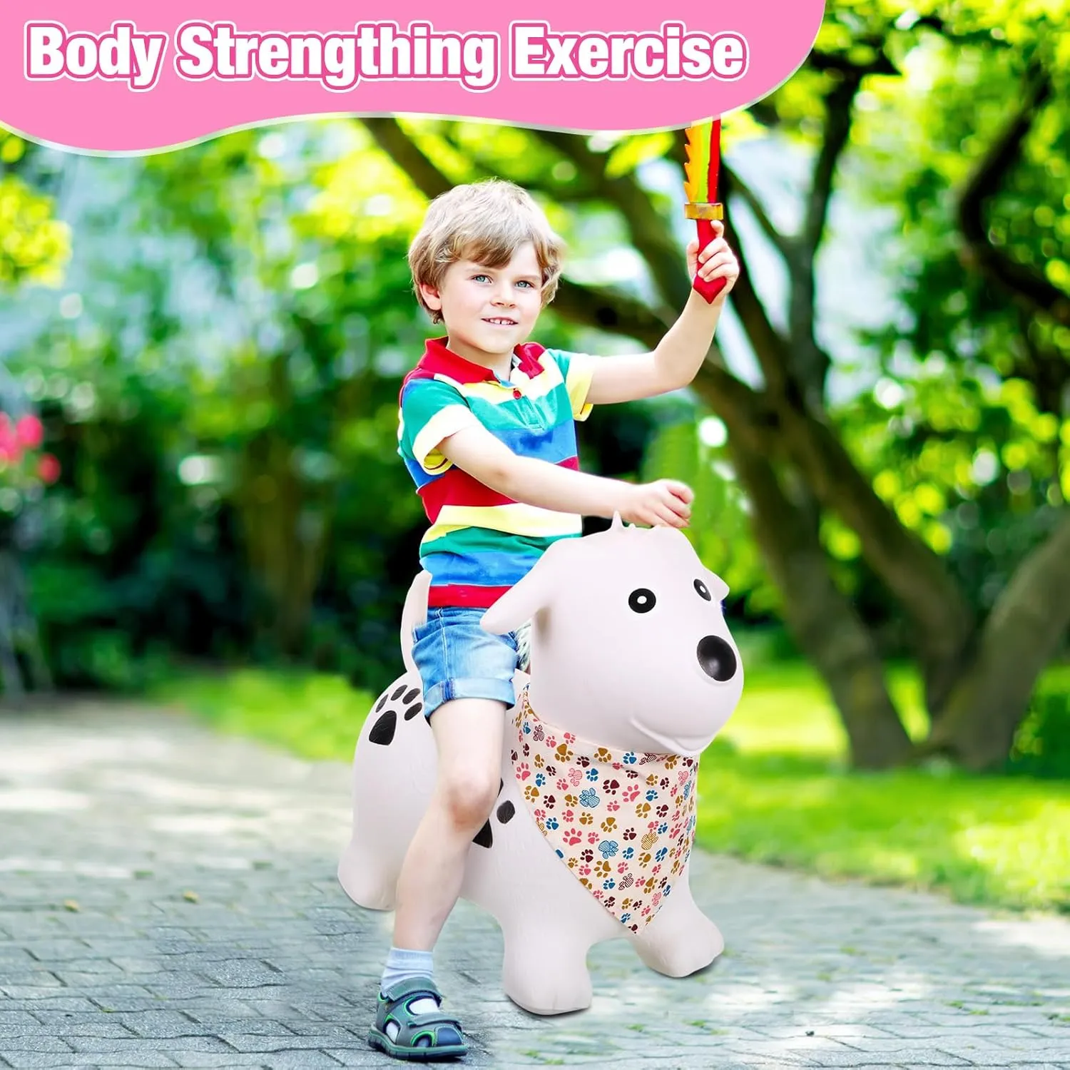 2 Pack Bouncy Animal Dog Hopper Inflatable Bouncing Horse Hopper Toys Jumping Ride on Hopping Bounce with Pump Rubber Bouncing Animal Gift for Boys Girls(White, Pink,Classic Style)