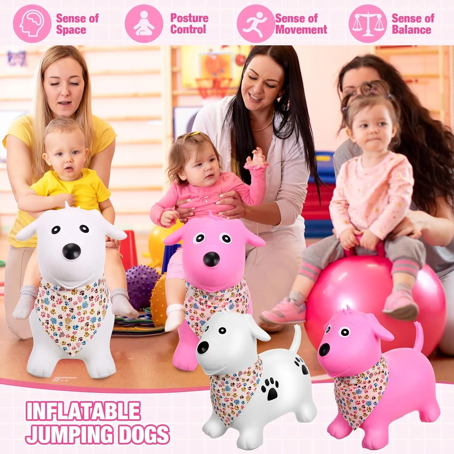 2 Pack Bouncy Animal Dog Hopper Inflatable Bouncing Horse Hopper Toys Jumping Ride on Hopping Bounce with Pump Rubber Bouncing Animal Gift for Boys Girls(White, Pink,Classic Style)
