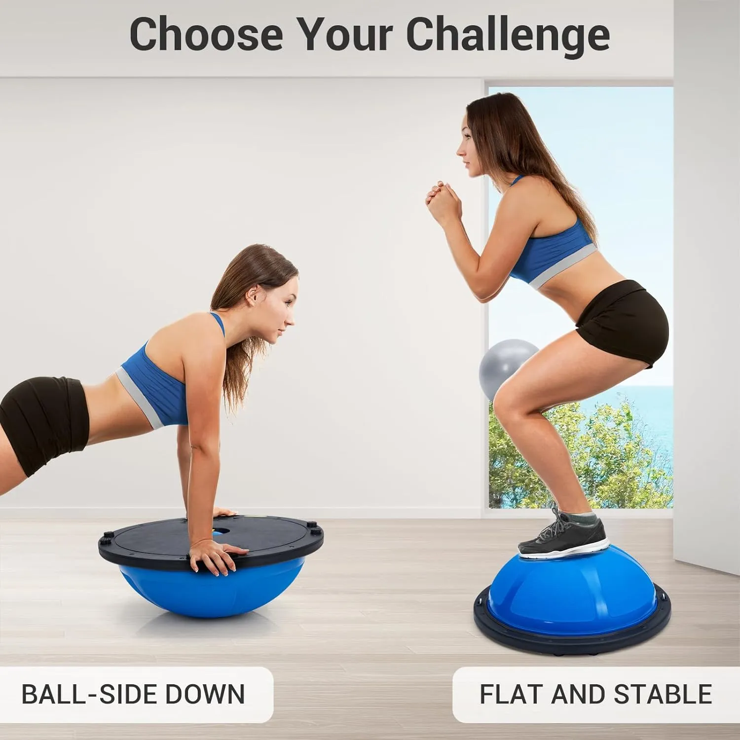 23/25in Balance Ball, 1600 lbs Half Exercise Ball with Nonslip Base, Inflatable Half Ball Balance Trainer, Stability Half Yoga Ball Strength Training Equipment with 2 Bands, Pump, Extra Ball Included