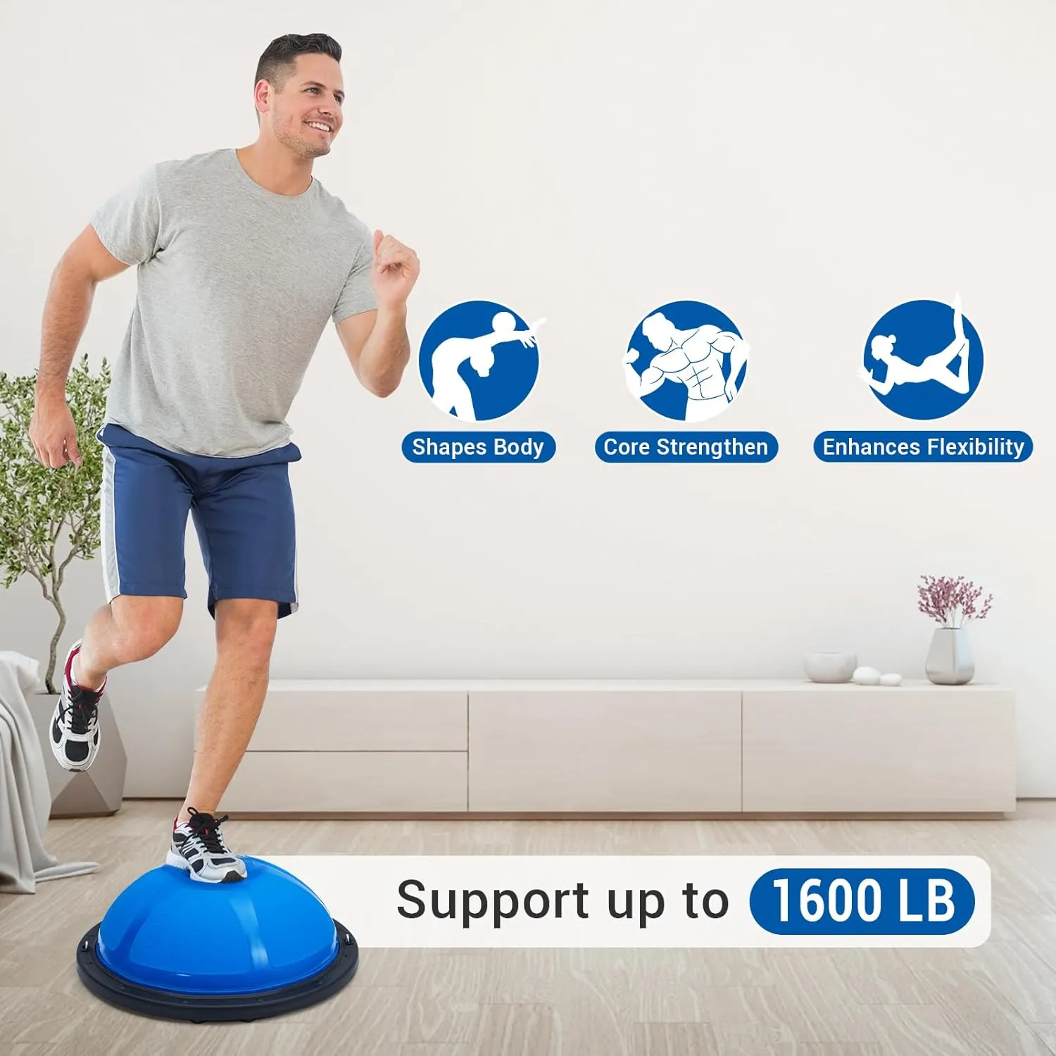 23/25in Balance Ball, 1600 lbs Half Exercise Ball with Nonslip Base, Inflatable Half Ball Balance Trainer, Stability Half Yoga Ball Strength Training Equipment with 2 Bands, Pump, Extra Ball Included