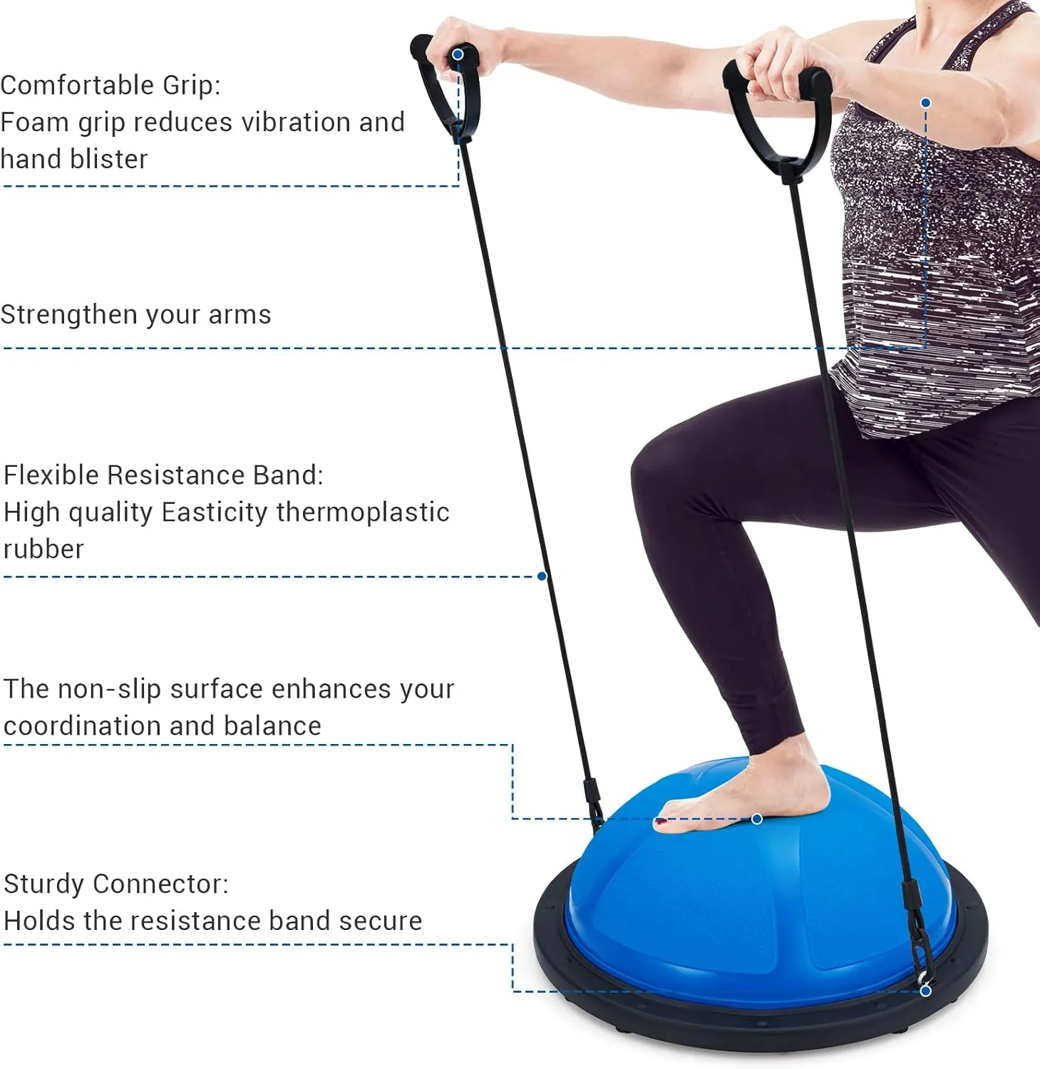 23/25in Balance Ball, 1600 lbs Half Exercise Ball with Nonslip Base, Inflatable Half Ball Balance Trainer, Stability Half Yoga Ball Strength Training Equipment with 2 Bands, Pump, Extra Ball Included