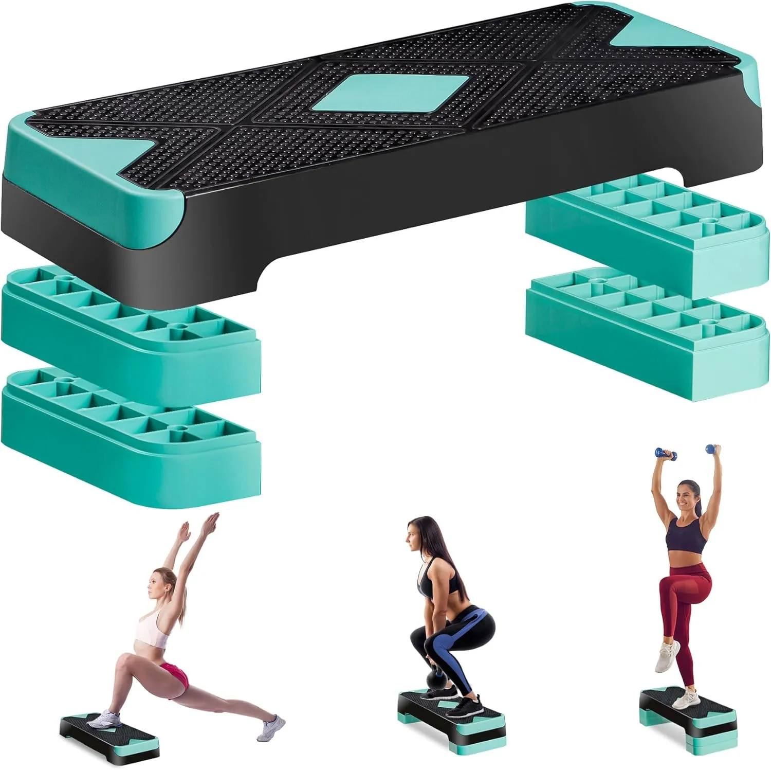 26.5 Inch Aerobic Exercise Step Platform for Home Gym, 4” 6” 8”Adjustable Risers for Home Gym Fitness Workout, Stepper Step Trainer, Green
