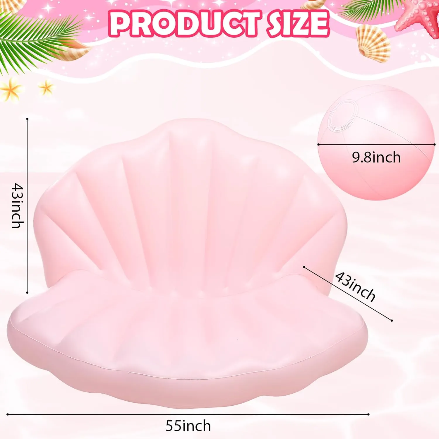 55 Inch Inflatable Seashell Pool Float with Pearl Ball Cute Pool Lounge Float Chairs for Adults Swimming Summer Beach Ocean Birthday Theme Party