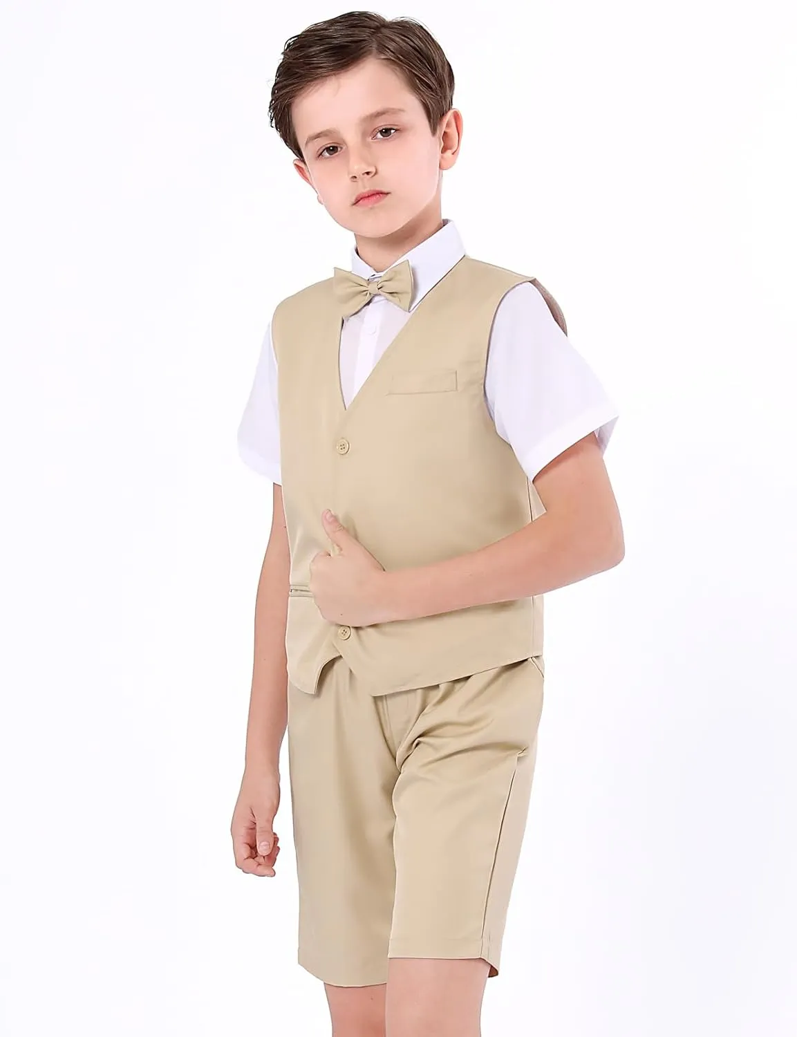 A&J DESIGN Boys Short Suit Set 3 Pieces Kids Formal Gentleman Outfit, 4-11 Years, Shirt   Vest   Shorts   Bow Tie