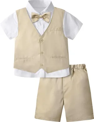 A&J DESIGN Boys Short Suit Set 3 Pieces Kids Formal Gentleman Outfit, 4-11 Years, Shirt   Vest   Shorts   Bow Tie