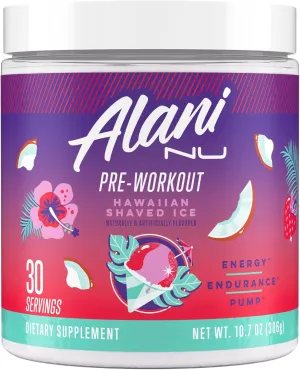 Alani Nu Pre Workout Powder Hawaiian Shaved Ice | Amino Energy Boost | Endurance Supplement | Sugar Free | 200mg Caffeine | L-Theanine, Beta-Alanine, Citrulline | 30 Servings