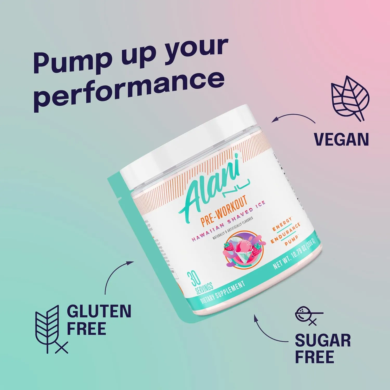 Alani Nu Pre Workout Powder Hawaiian Shaved Ice | Amino Energy Boost | Endurance Supplement | Sugar Free | 200mg Caffeine | L-Theanine, Beta-Alanine, Citrulline | 30 Servings
