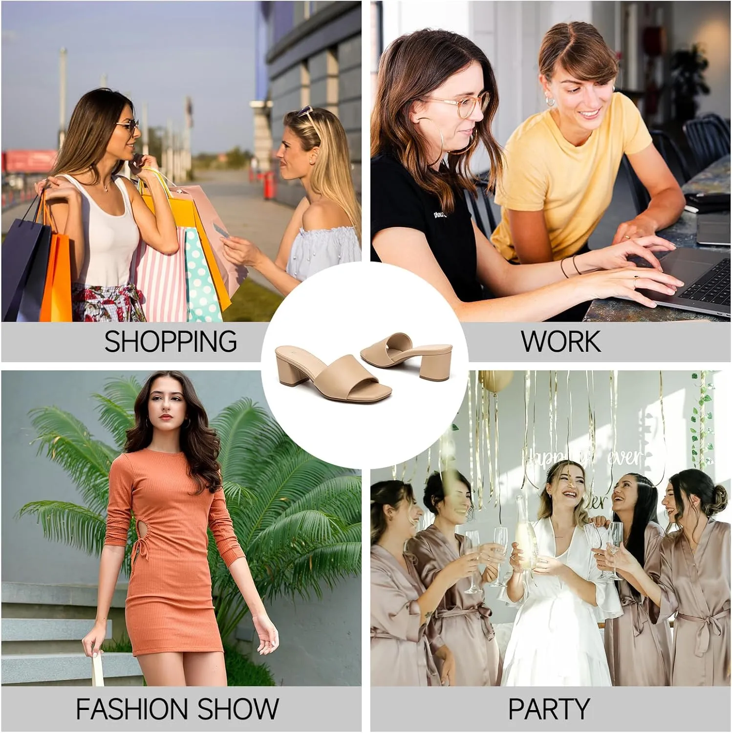 ALLOT Women's Square Toe Heeled Sandals Low Chunky Heel Comfortable Dress Heels Slip on Casual Pumps Shoes