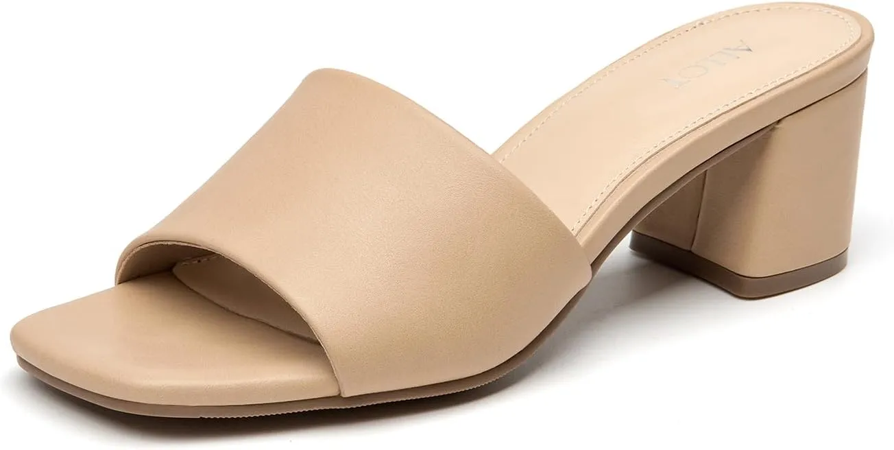 ALLOT Women's Square Toe Heeled Sandals Low Chunky Heel Comfortable Dress Heels Slip on Casual Pumps Shoes