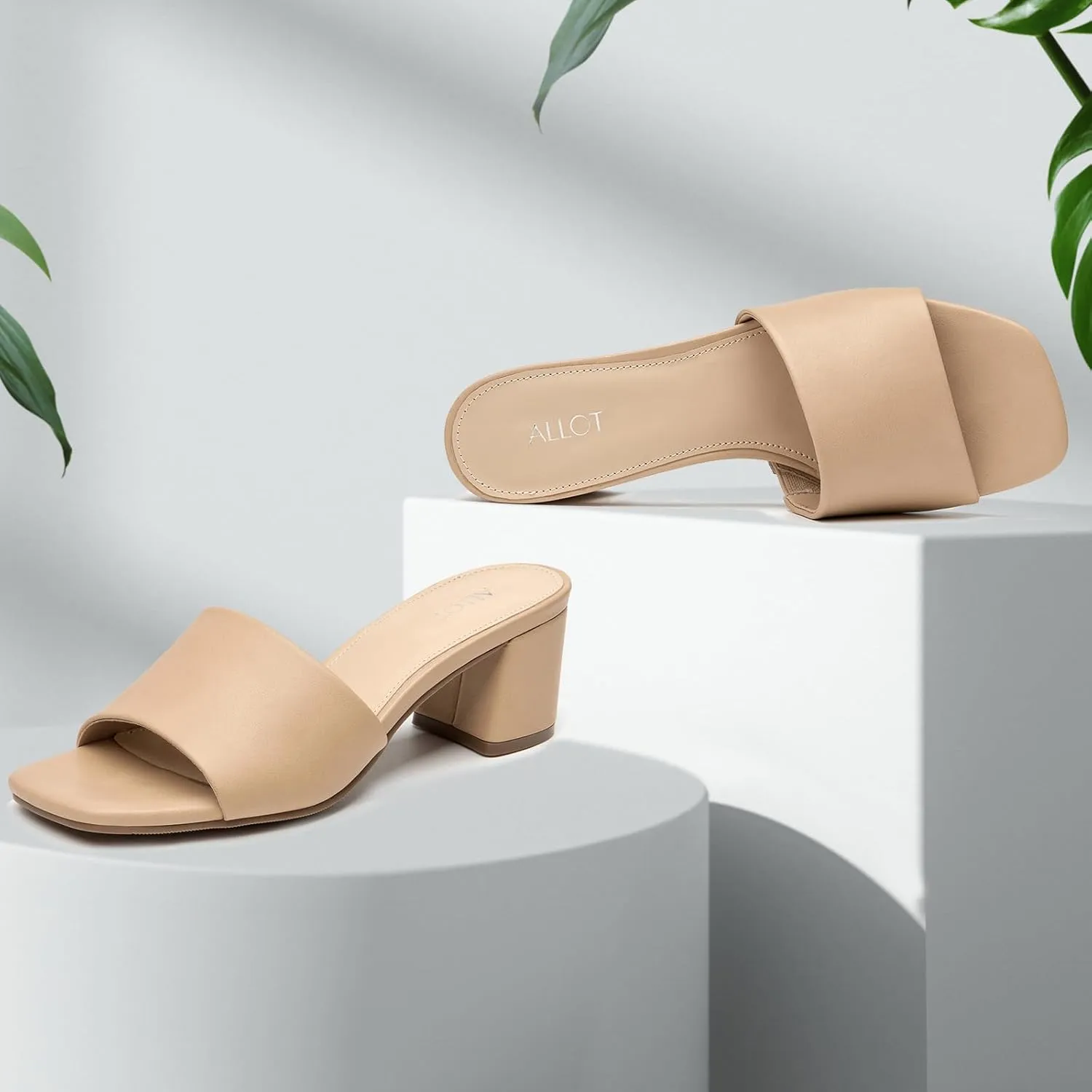 ALLOT Women's Square Toe Heeled Sandals Low Chunky Heel Comfortable Dress Heels Slip on Casual Pumps Shoes
