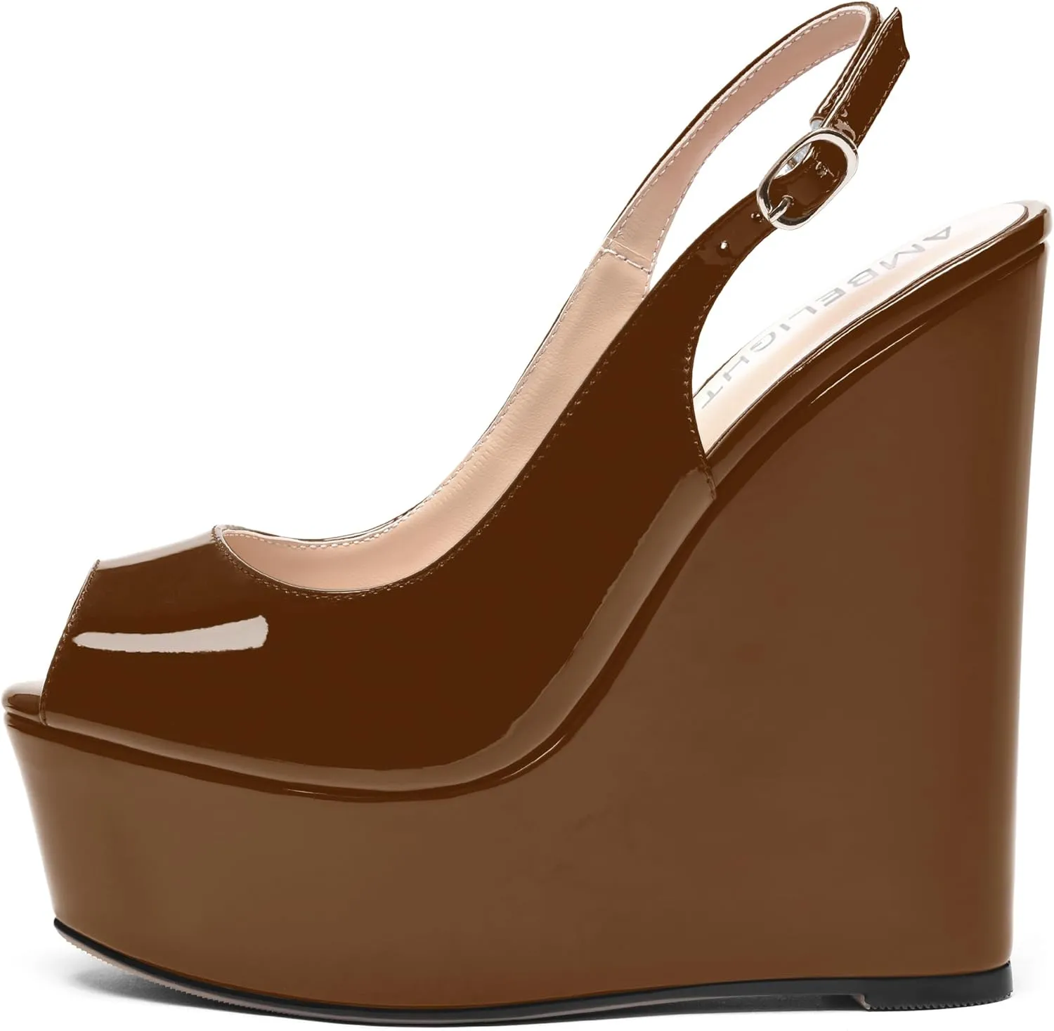 AMBELIGHT Womens Patent Buckle Cute Platform Adjustable Strap Peep Toe Party Wedge High Heel Pumps Shoes 6 Inch
