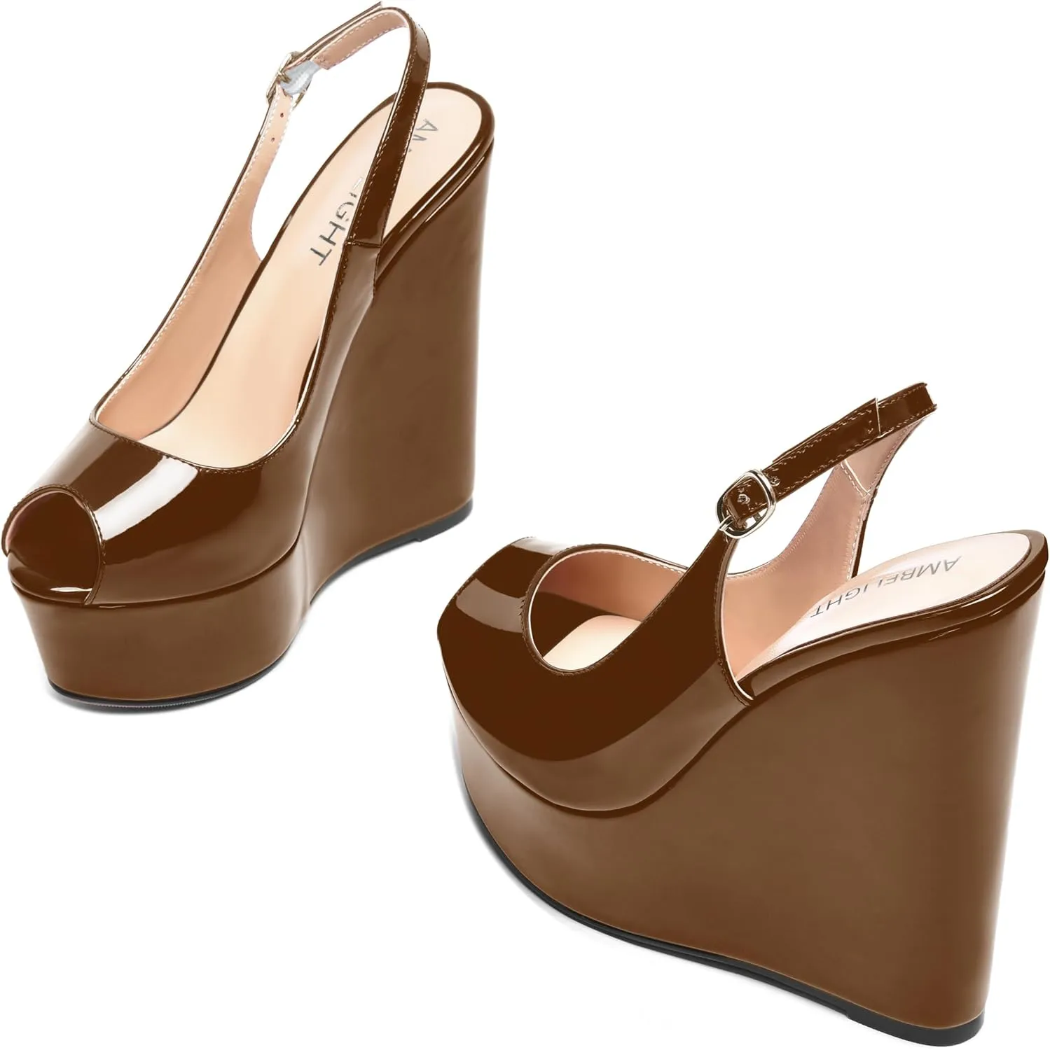 AMBELIGHT Womens Patent Buckle Cute Platform Adjustable Strap Peep Toe Party Wedge High Heel Pumps Shoes 6 Inch