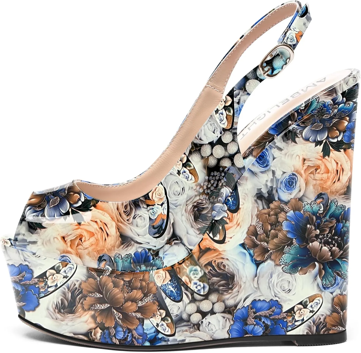 AMBELIGHT Womens Patent Buckle Cute Platform Adjustable Strap Peep Toe Party Wedge High Heel Pumps Shoes 6 Inch