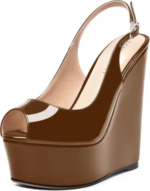 AMBELIGHT Womens Patent Buckle Cute Platform Adjustable Strap Peep Toe Party Wedge High Heel Pumps Shoes 6 Inch