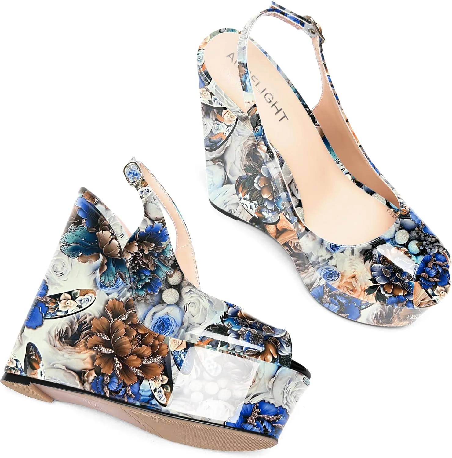 AMBELIGHT Womens Patent Buckle Cute Platform Adjustable Strap Peep Toe Party Wedge High Heel Pumps Shoes 6 Inch