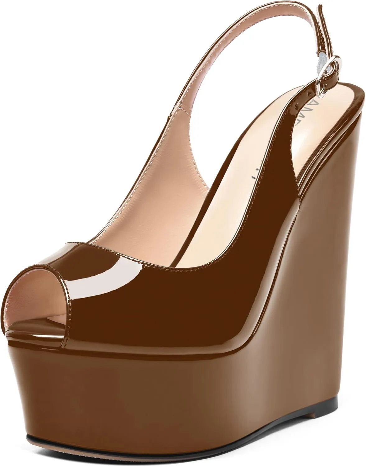 AMBELIGHT Womens Patent Buckle Cute Platform Adjustable Strap Peep Toe Party Wedge High Heel Pumps Shoes 6 Inch