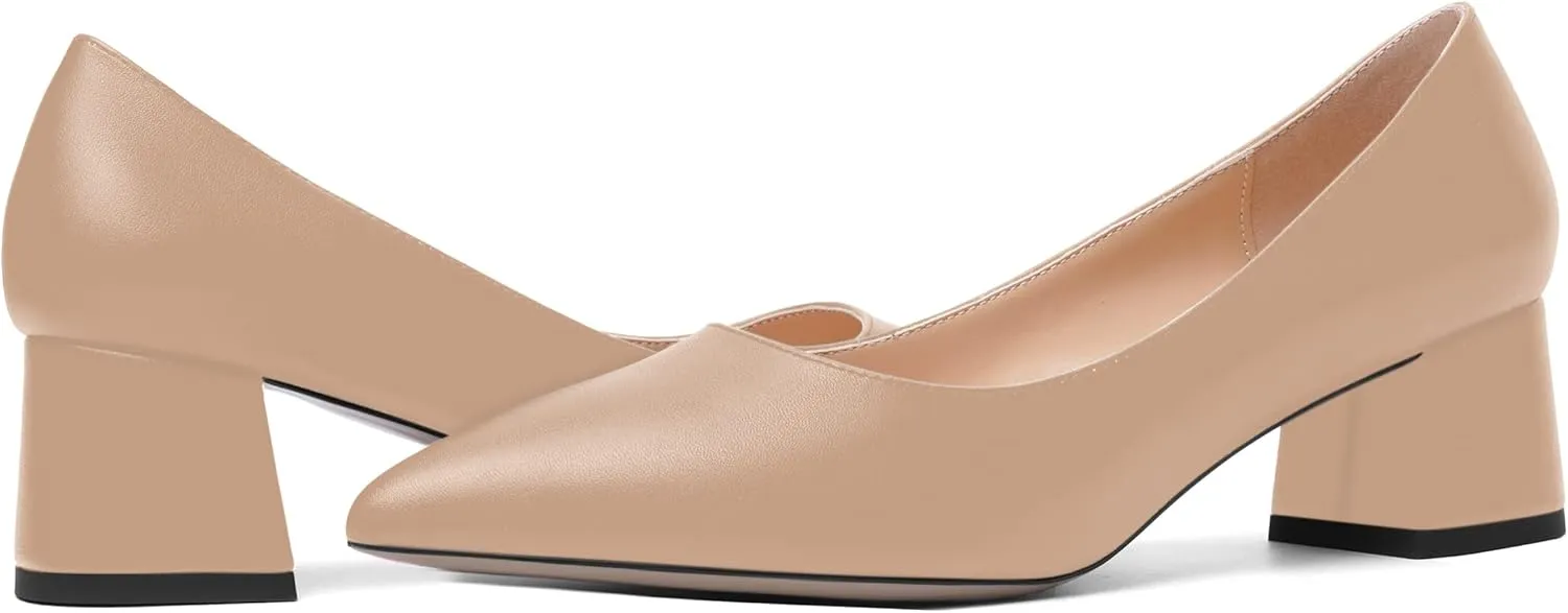 AMBELIGHT Womens Pointed Toe Casual Block Office Matte Slip On Chunky Low Heel Pumps Shoes 2 Inch