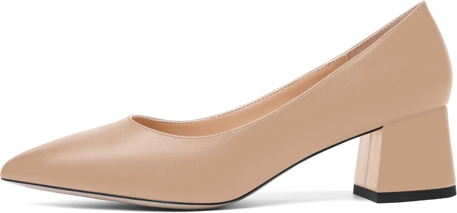 AMBELIGHT Womens Pointed Toe Casual Block Office Matte Slip On Chunky Low Heel Pumps Shoes 2 Inch