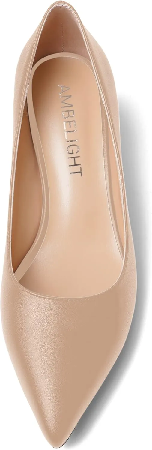 AMBELIGHT Womens Pointed Toe Casual Block Office Matte Slip On Chunky Low Heel Pumps Shoes 2 Inch