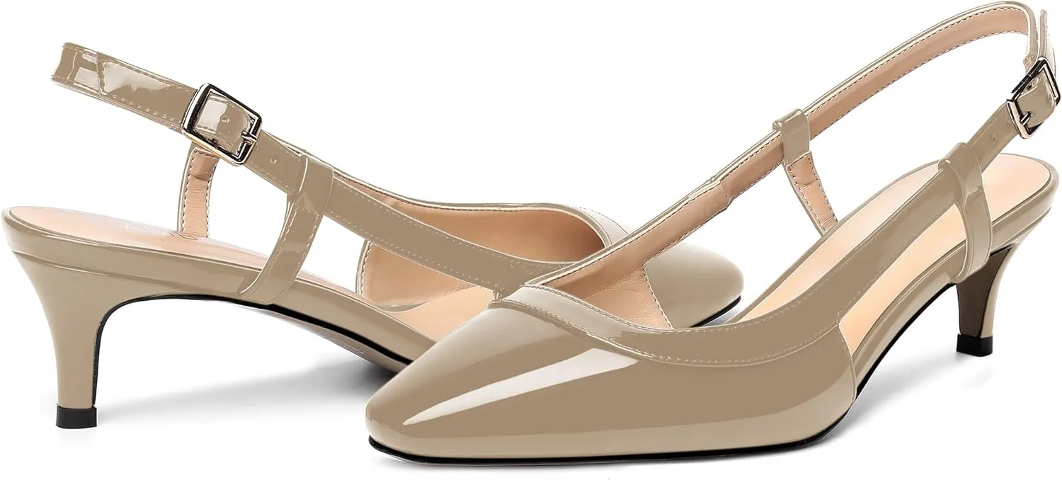 AMBELIGHT Womens Square Toe Evening Buckle Patent Sexy Slingback Kitten Low Heel Pumps Shoes 2 Inch