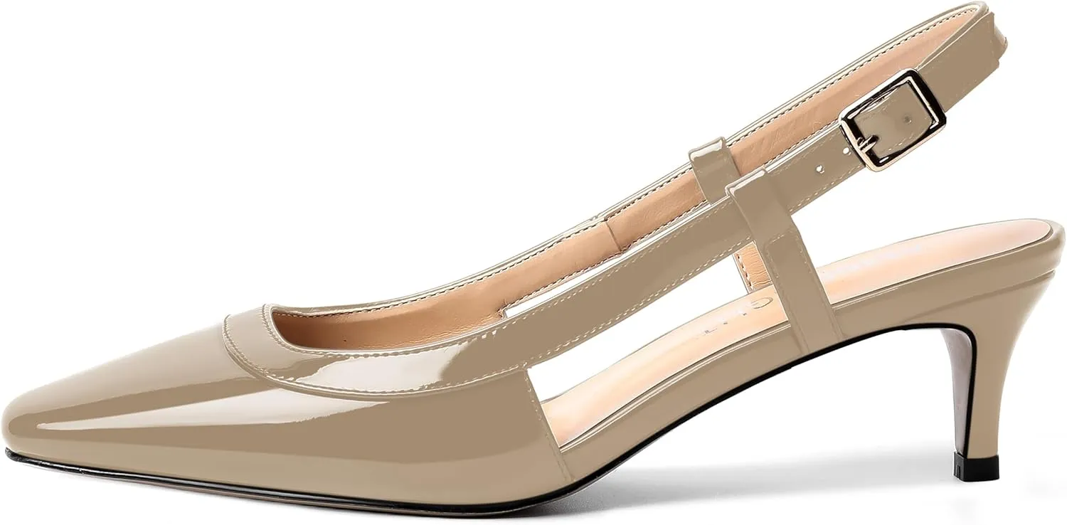 AMBELIGHT Womens Square Toe Evening Buckle Patent Sexy Slingback Kitten Low Heel Pumps Shoes 2 Inch