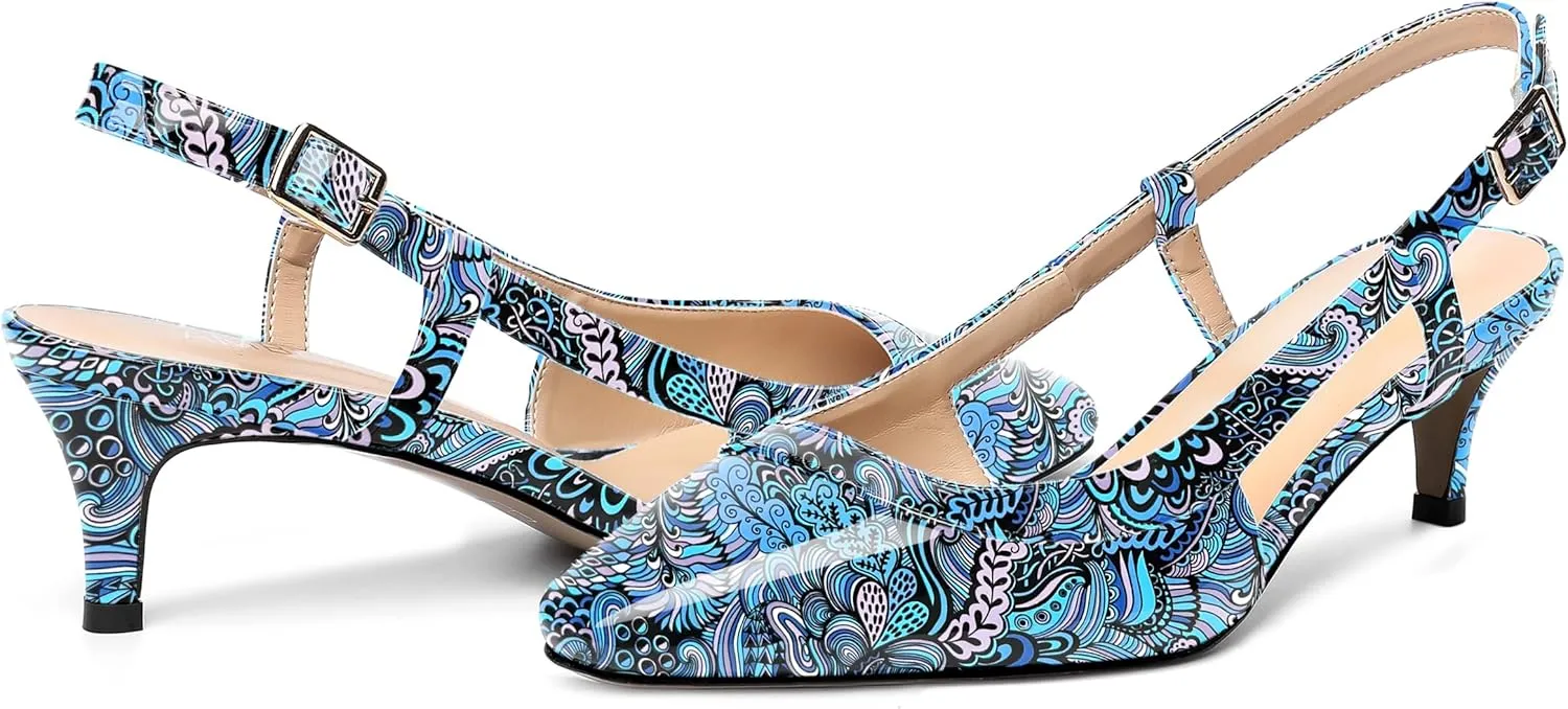 AMBELIGHT Womens Square Toe Evening Buckle Patent Sexy Slingback Kitten Low Heel Pumps Shoes 2 Inch