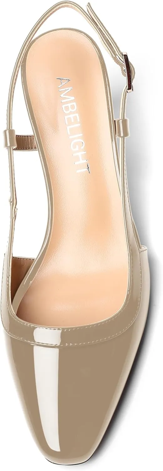 AMBELIGHT Womens Square Toe Evening Buckle Patent Sexy Slingback Kitten Low Heel Pumps Shoes 2 Inch