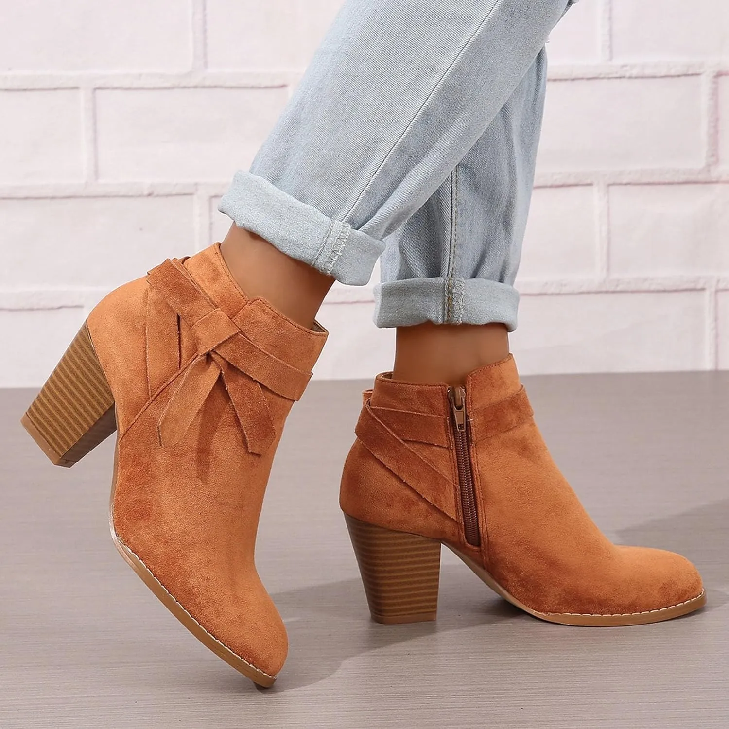 AMDBEL Womens Boots Ankle, Women's Ankle Boots Tie Knot Chelsea Pump Boots Closed Toe Stacked Heel Booties Shoes