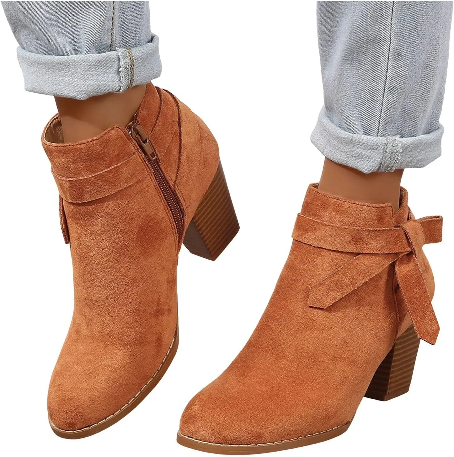 AMDBEL Womens Boots Ankle, Women's Ankle Boots Tie Knot Chelsea Pump Boots Closed Toe Stacked Heel Booties Shoes