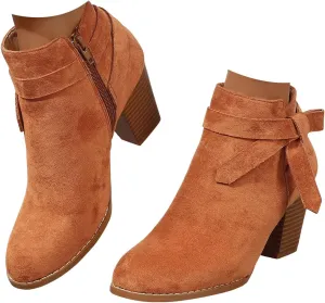 AMDBEL Womens Boots Ankle, Women's Ankle Boots Tie Knot Chelsea Pump Boots Closed Toe Stacked Heel Booties Shoes