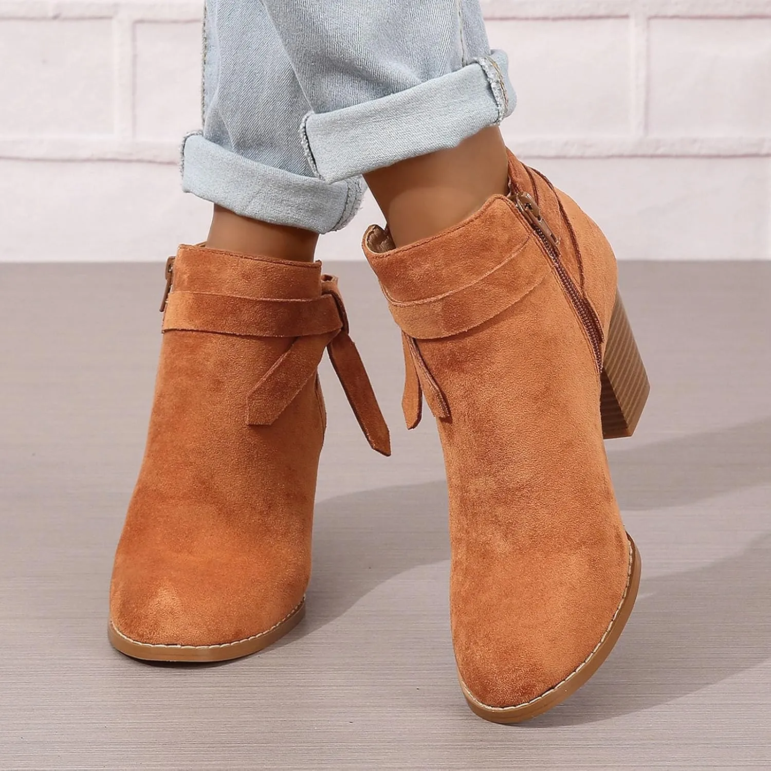 AMDBEL Womens Boots Ankle, Women's Ankle Boots Tie Knot Chelsea Pump Boots Closed Toe Stacked Heel Booties Shoes