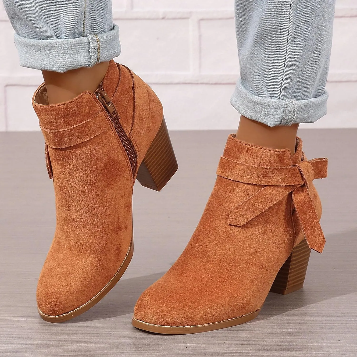 AMDBEL Womens Boots Ankle, Women's Ankle Boots Tie Knot Chelsea Pump Boots Closed Toe Stacked Heel Booties Shoes