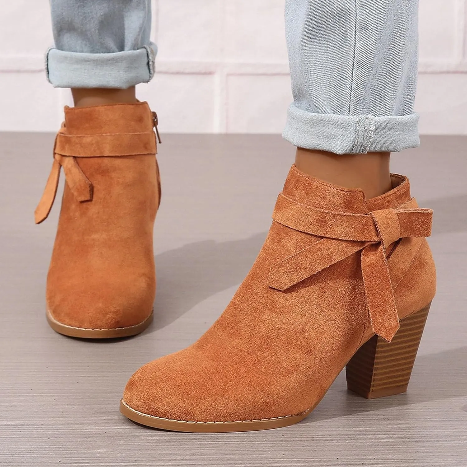 AMDBEL Womens Boots Ankle, Women's Ankle Boots Tie Knot Chelsea Pump Boots Closed Toe Stacked Heel Booties Shoes
