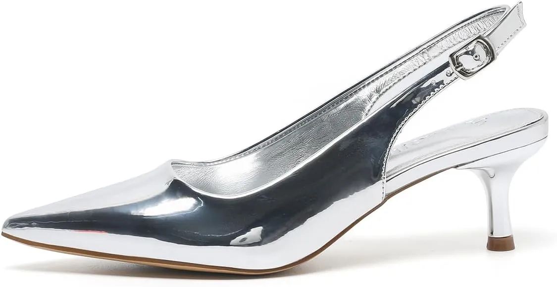 Amoji Women's 2 Inch Pointed Toe Low Kitten Heel Slingback Pump Party Wedding Dress Shoes FZ321