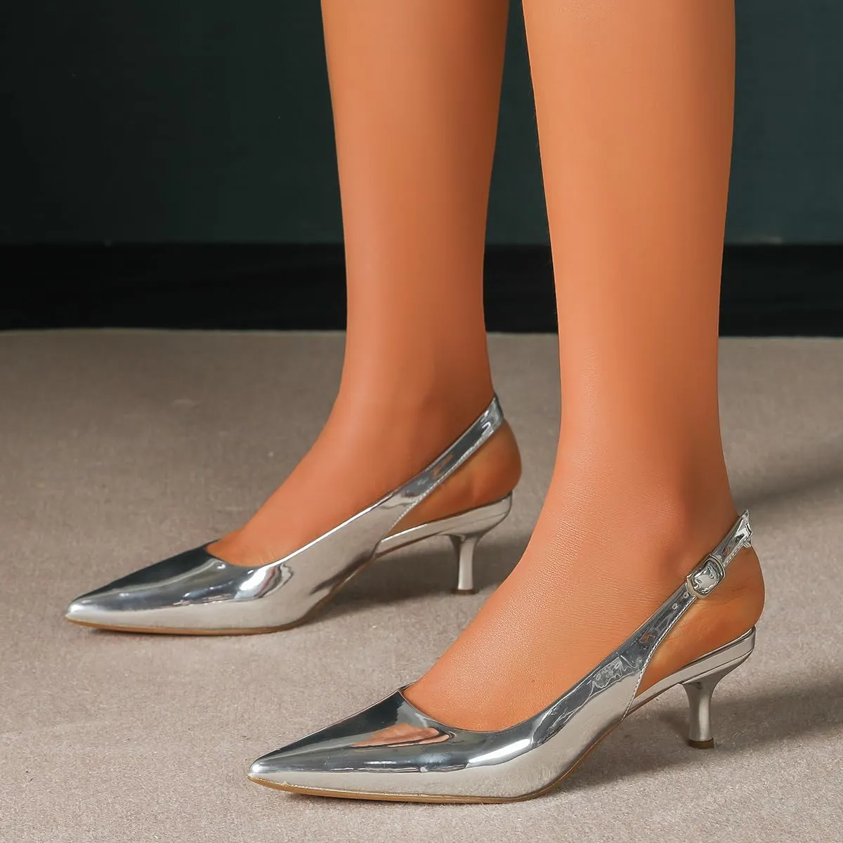 Amoji Women's 2 Inch Pointed Toe Low Kitten Heel Slingback Pump Party Wedding Dress Shoes FZ321
