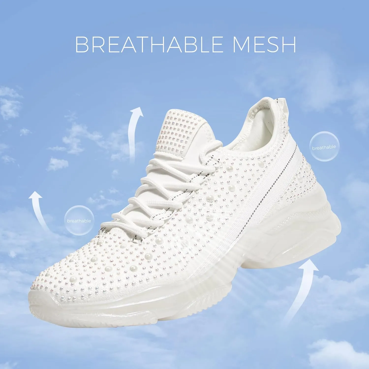 BELOS Women's Rhinestone Mesh Slip On Walking Shoes Fashion Breathable Spakle Glitter Sneaker