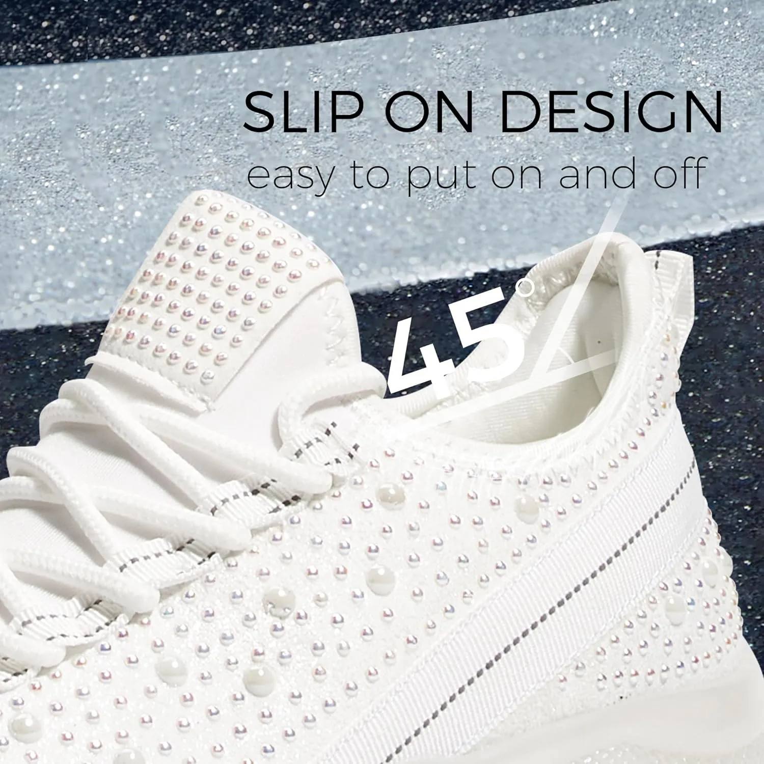 BELOS Women's Rhinestone Mesh Slip On Walking Shoes Fashion Breathable Spakle Glitter Sneaker