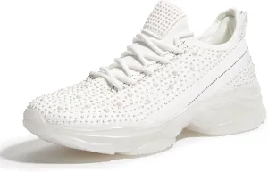 BELOS Women's Rhinestone Mesh Slip On Walking Shoes Fashion Breathable Spakle Glitter Sneaker