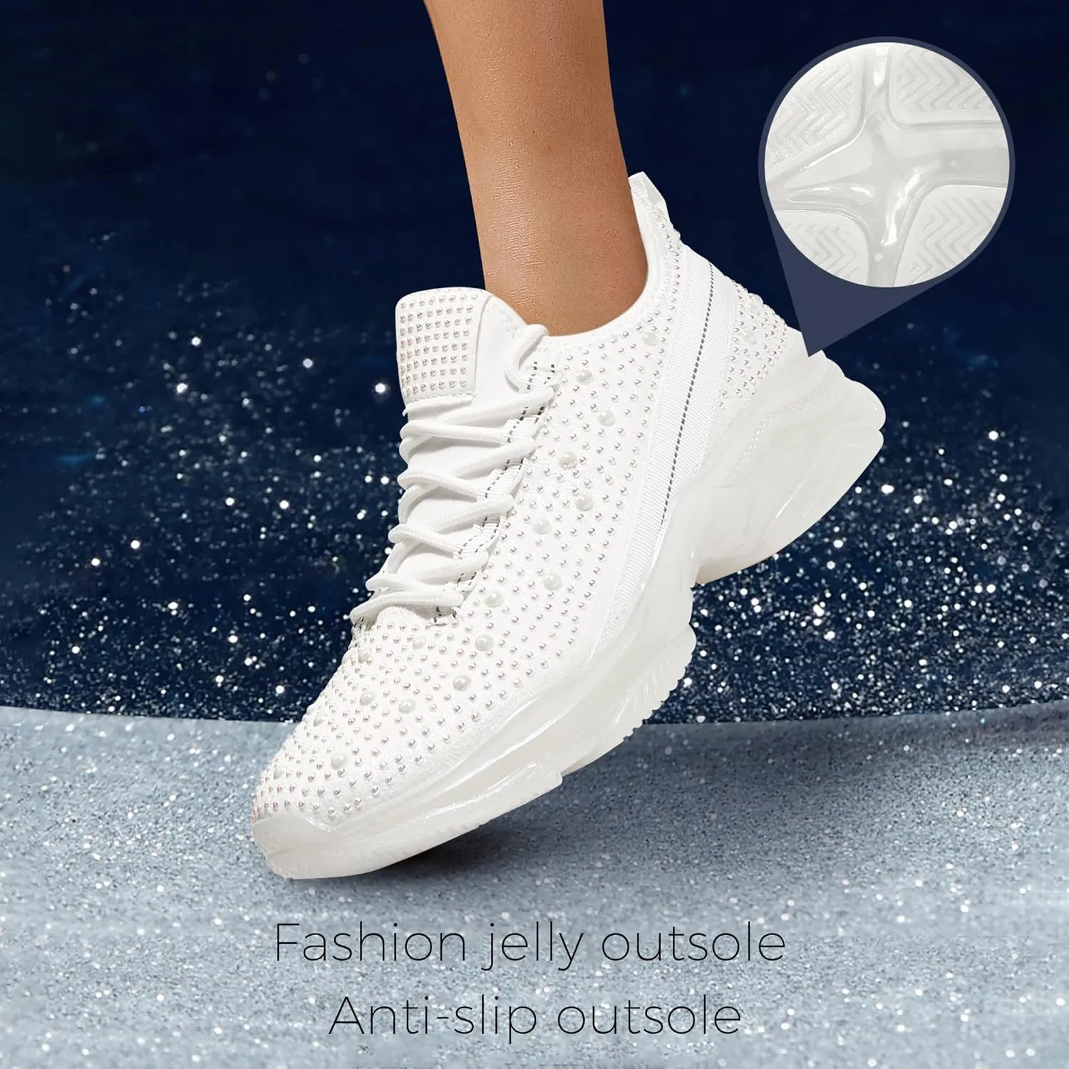 BELOS Women's Rhinestone Mesh Slip On Walking Shoes Fashion Breathable Spakle Glitter Sneaker