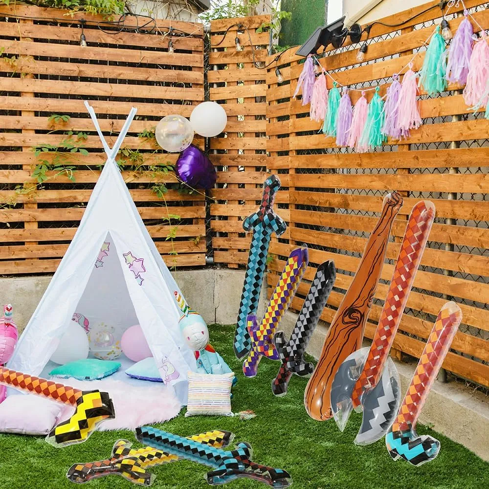 Big 37'' Inflatable Pixel Craft Diamond Swords Pirate Party Favors, 6 Pack Blow Up Sword Knife Weapon Toys For Halloween Hawaii Carnival Cosplay Birthday Swimming Pool Summer Beach Video Game Supplies