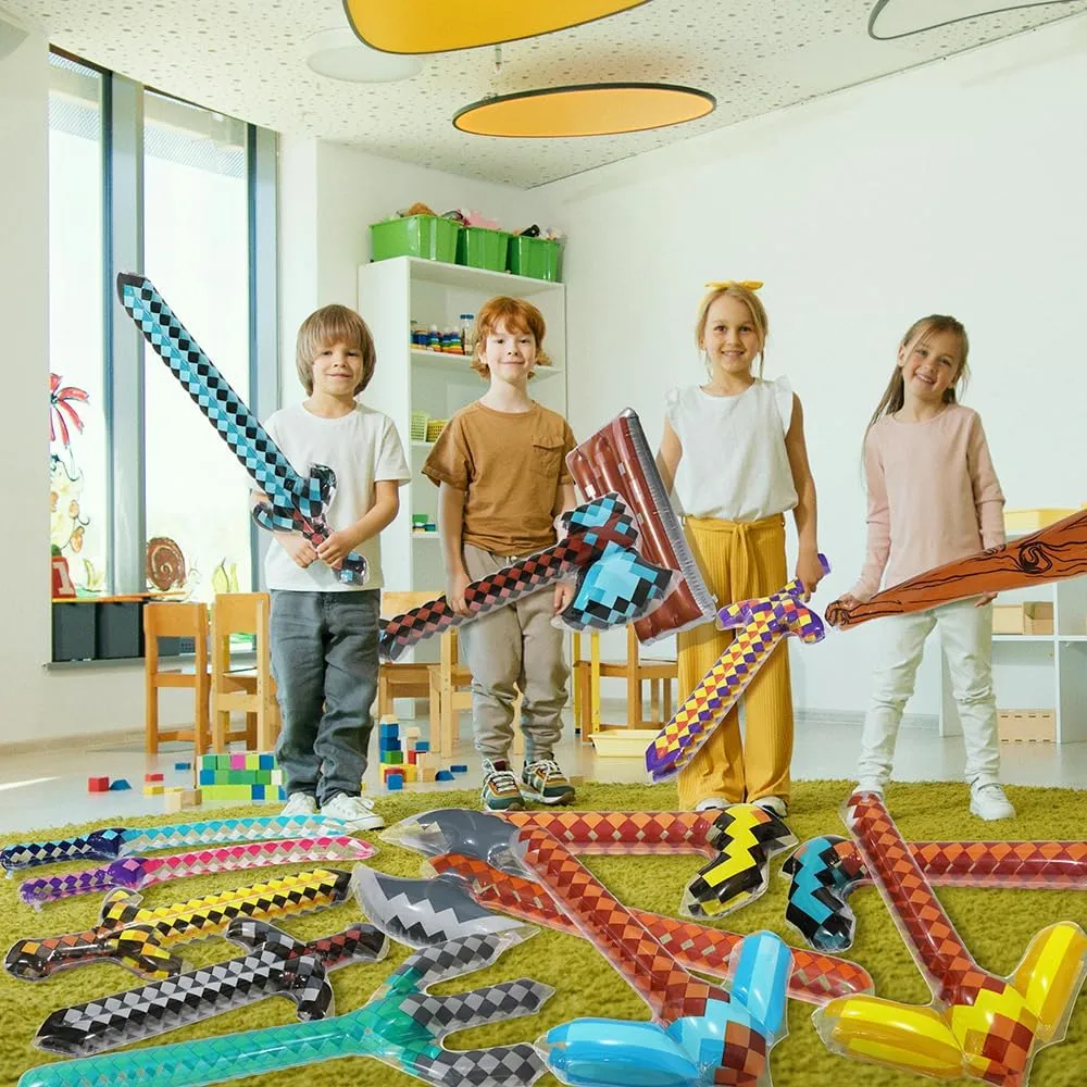 Big 37'' Inflatable Pixel Craft Diamond Swords Pirate Party Favors, 6 Pack Blow Up Sword Knife Weapon Toys For Halloween Hawaii Carnival Cosplay Birthday Swimming Pool Summer Beach Video Game Supplies