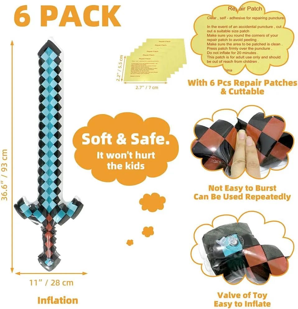 Big 37'' Inflatable Pixel Craft Diamond Swords Pirate Party Favors, 6 Pack Blow Up Sword Knife Weapon Toys For Halloween Hawaii Carnival Cosplay Birthday Swimming Pool Summer Beach Video Game Supplies