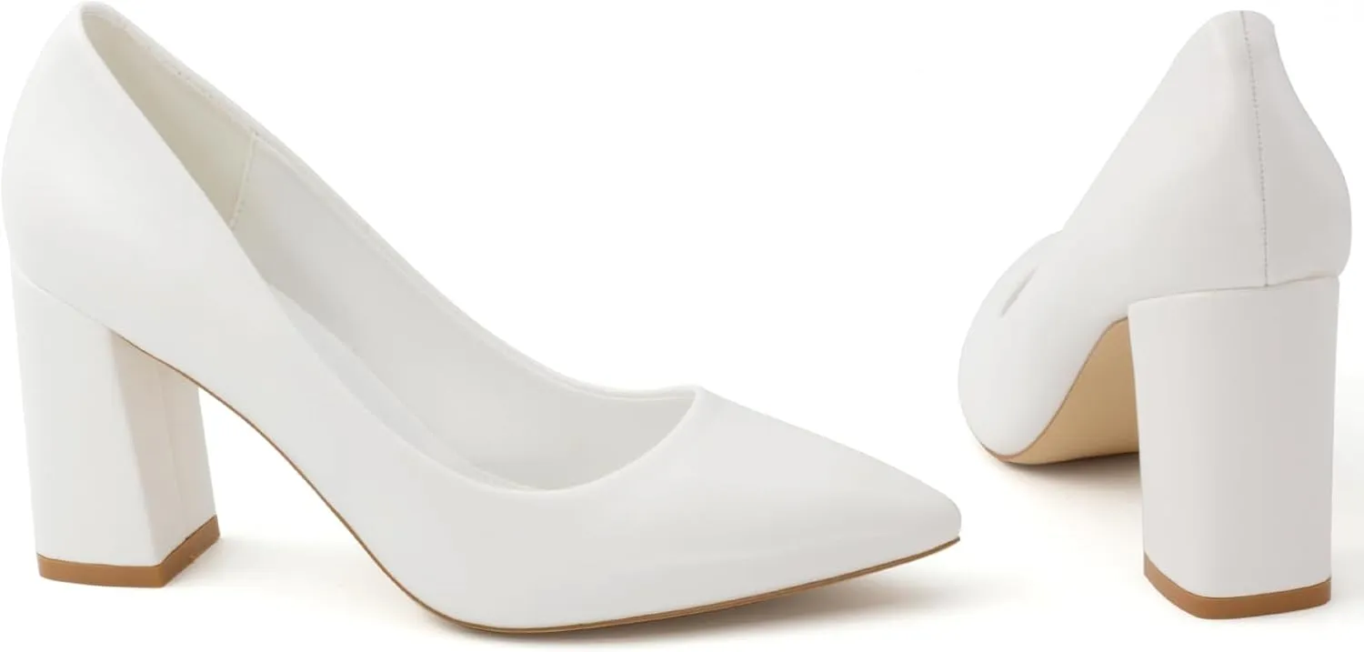 Block Chunky Heels Pumps Women Pointed Closed Toe Classic Pumps Shoes for Work Slip-On Pumps Shoes for Lady Size 6-10